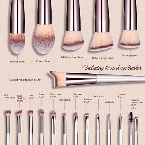 Título optimizado: BS-MALL Juego de 18 Brochas de Maquillaje Sintéticas con Estuche Negro, para Base, Polvo, Corrector y Sombras de Ojos