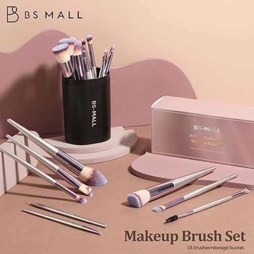 Título optimizado: BS-MALL Juego de 18 Brochas de Maquillaje Sintéticas con Estuche Negro, para Base, Polvo, Corrector y Sombras de Ojos